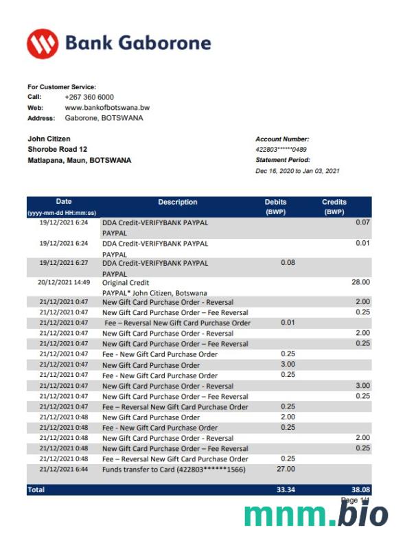 Szablon wyciągu bankowego Botswana Bank ABC w programie Word i PDF